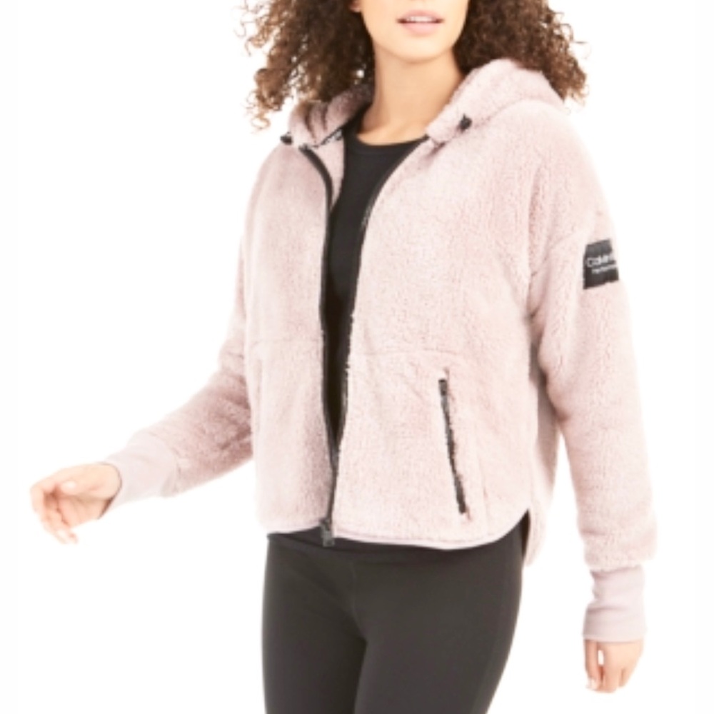 Calvin Klein performance light pink sherpa fleece full zip hooded jacket- Large